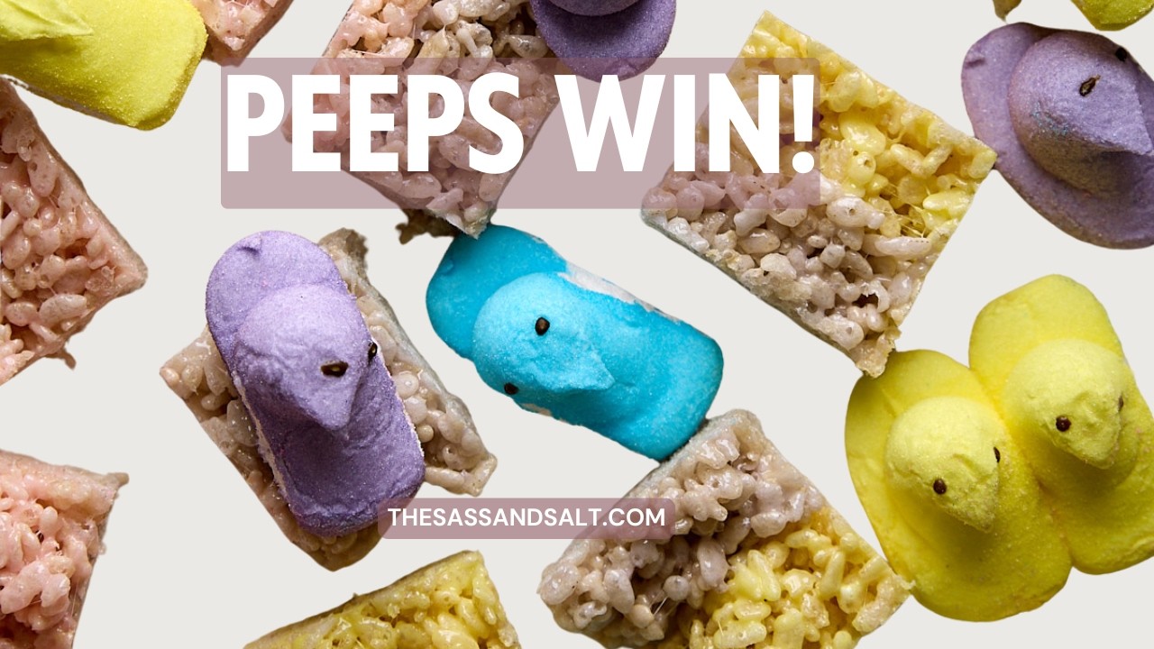 Peeps Rice Krispie Treats, 3 colors, 15 minutes 🐣 #thesassandsalt #easterbaking #easterdesserts