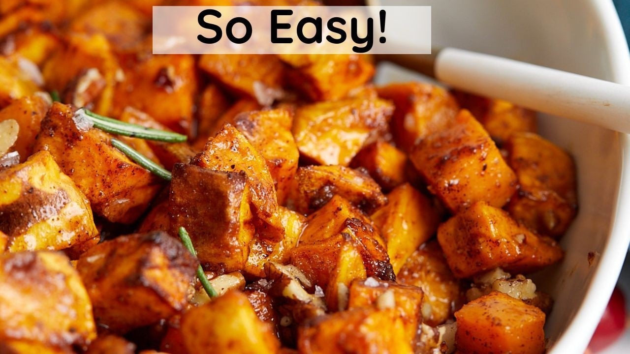 Air Fryer Sweet Potato Cubes with Pecan Topping (25 Min!)