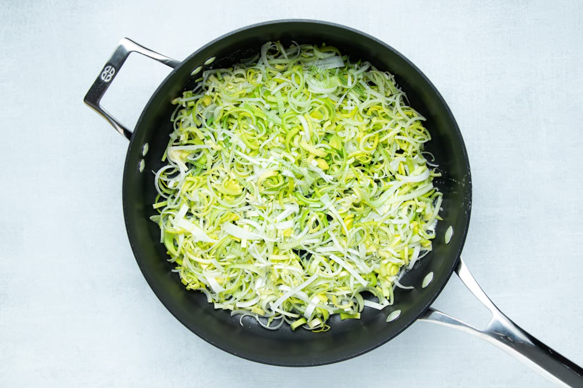 a non-stick pan with sliced leeks 