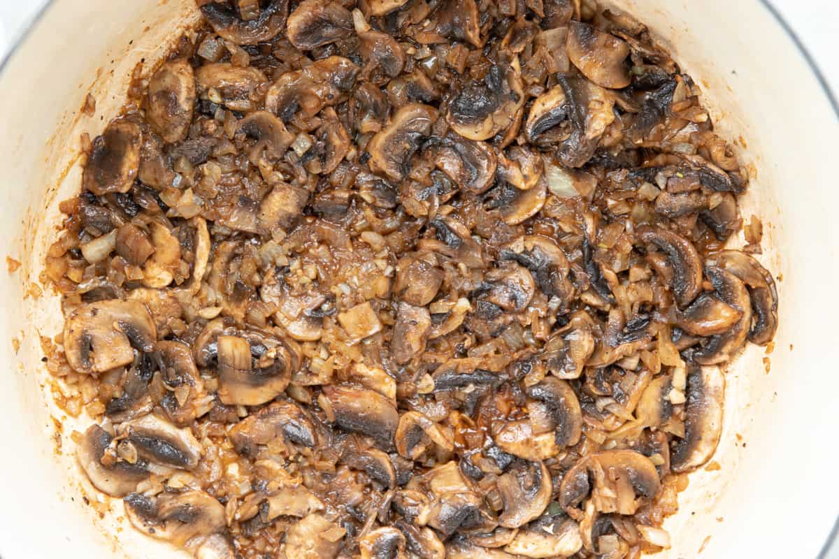 mushrooms cooked down after 15 minutes in dutch oven