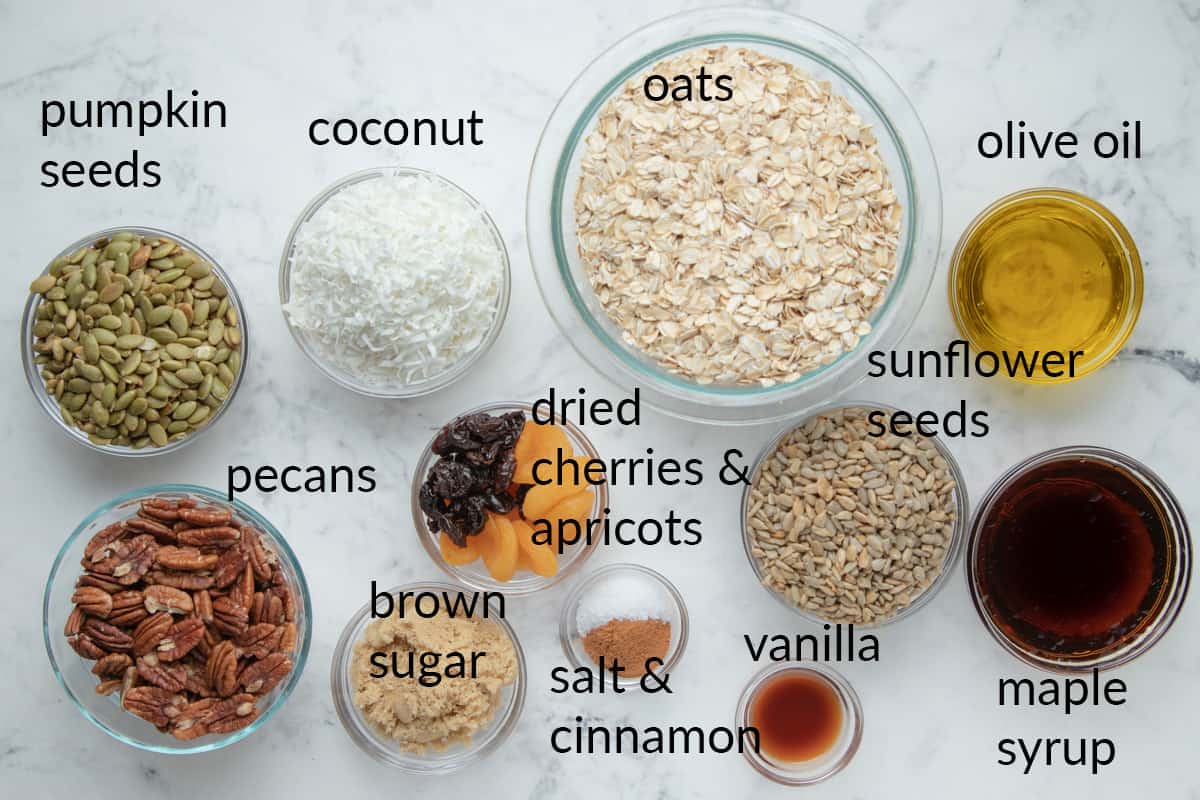 list of ingredients needed to make maple pecan cinnamon granola. 