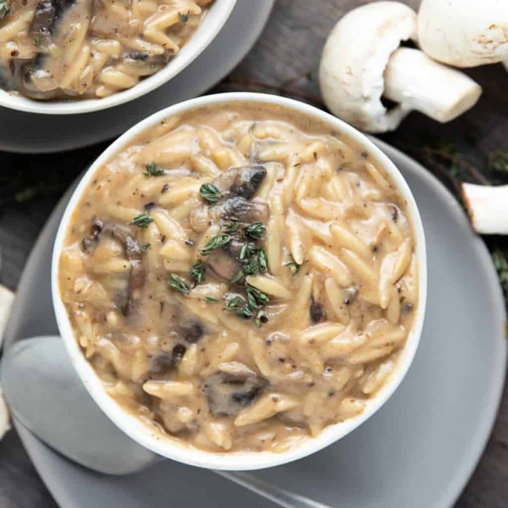 creamy mushroom orzo soup in white bowl on gray plate