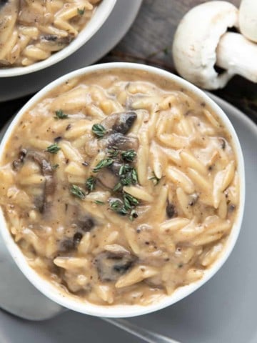 creamy mushroom orzo soup in white bowl on gray plate