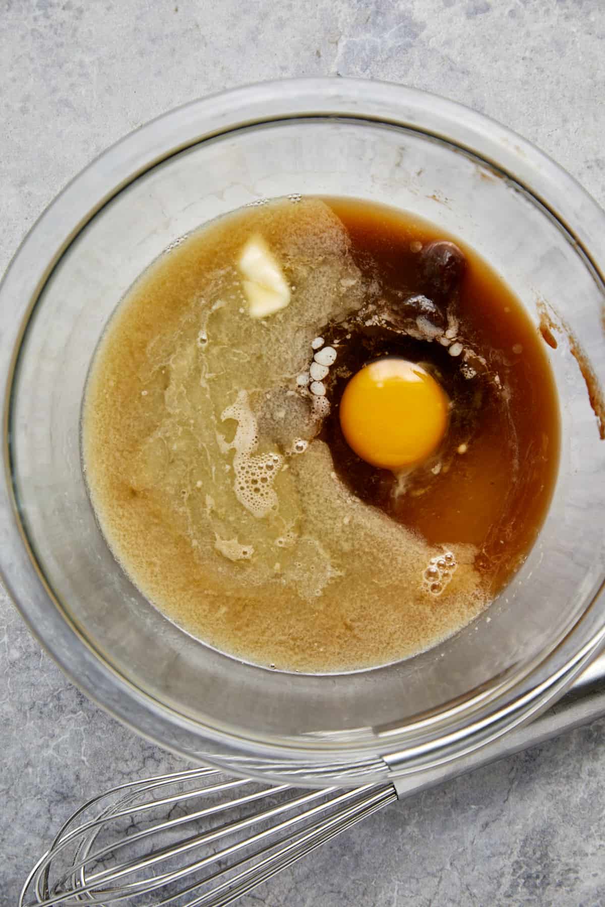 Wet ingredients in a clear bowl 