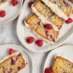 Raspberry-and-white-chocolate-loaf-cake-on-white-plates
