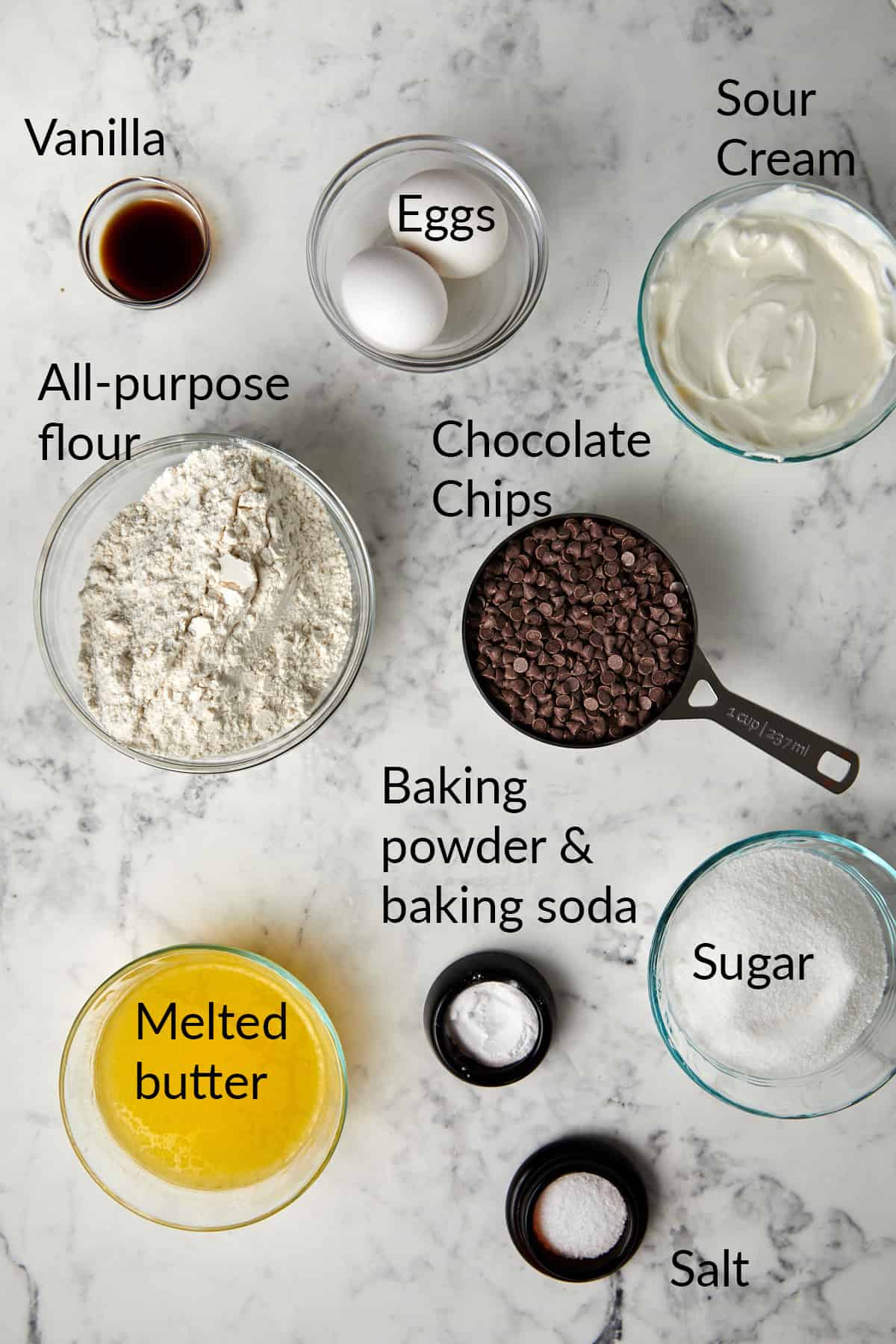 chocolate chip loaf cake ingredients in bowls.