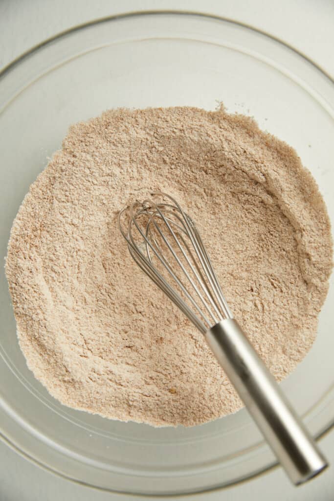 looking down at a bowl with the dry ingredients mixed together.