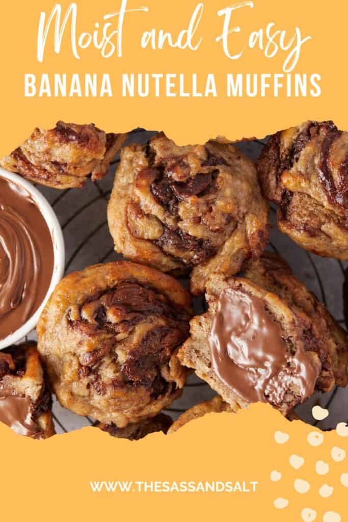 picture of baked banana nutella muffins, some cut in half with a smear of nutella.