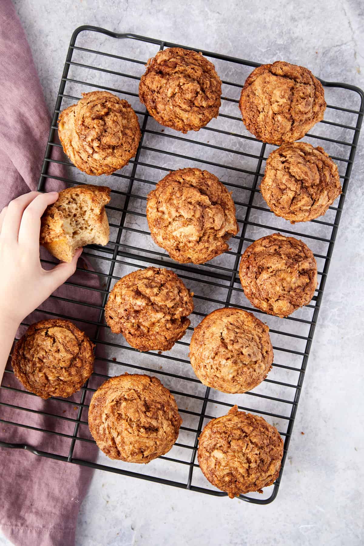 Overhead view of the cinnamon swirl muffins with a muffin bite out of one muffin.