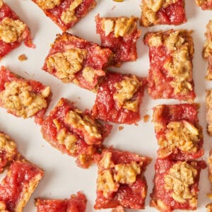 overhead view of several baked rhubarb bar squares.