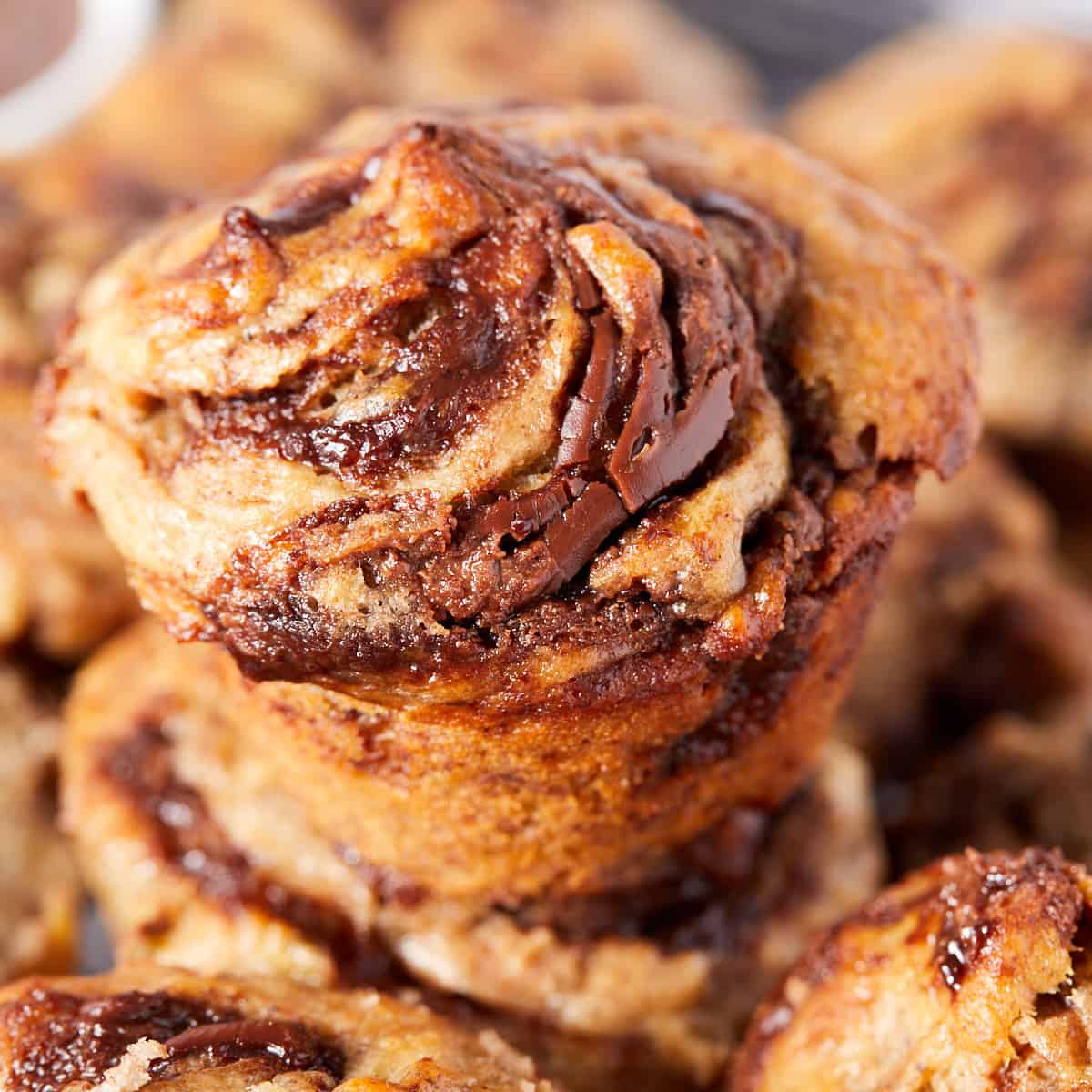 close up picture of baked Nutella muffins.
