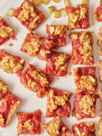 overhead view of several baked rhubarb bar squares.