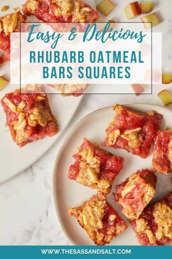 overhead view of rhubarb oatmeal squares on white plates.