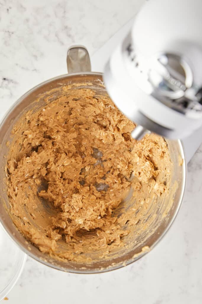 Overhead view of the dough with the oats mixed in.