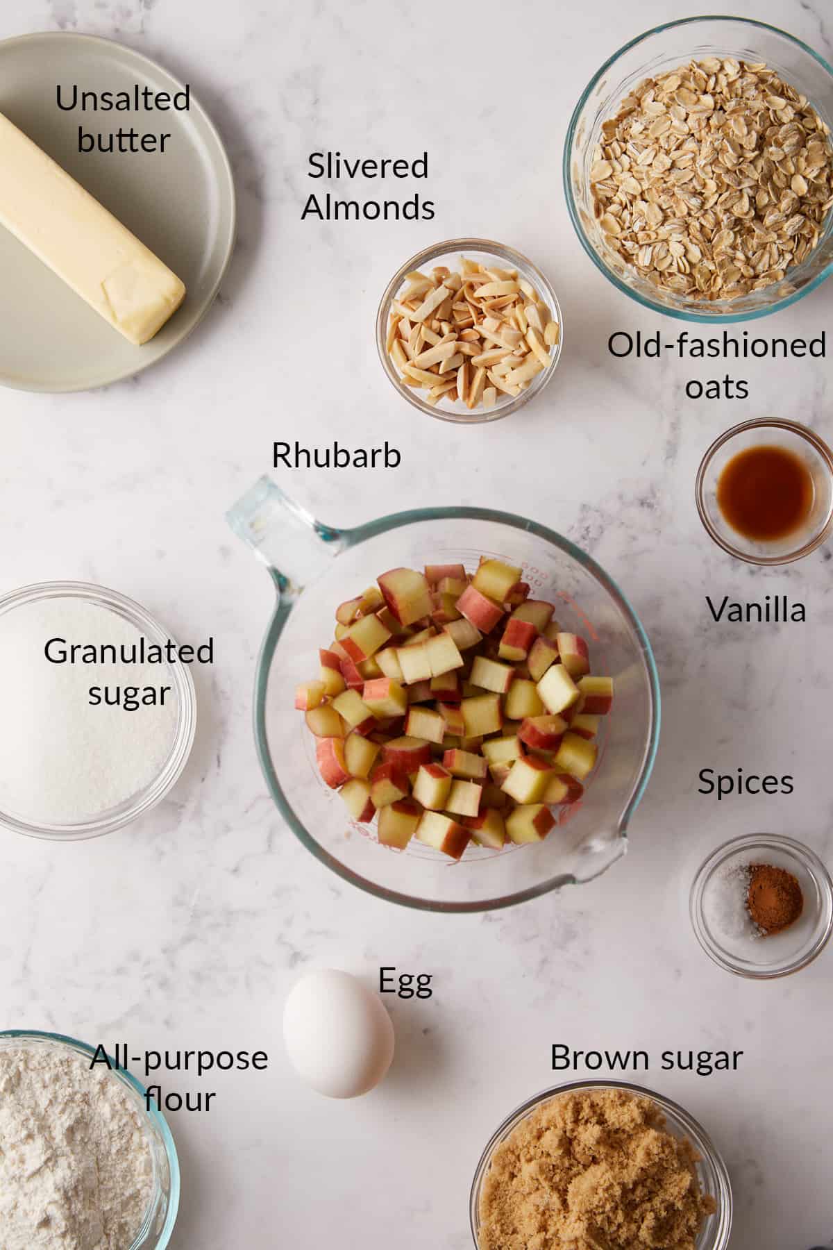 Overhead view of rhubarb oatmeal bar ingredients.