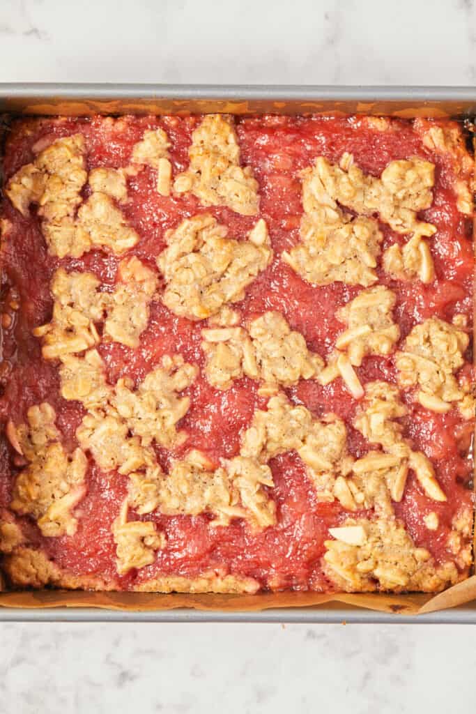 an overhead view of baked oatmeal rhubarb bars.