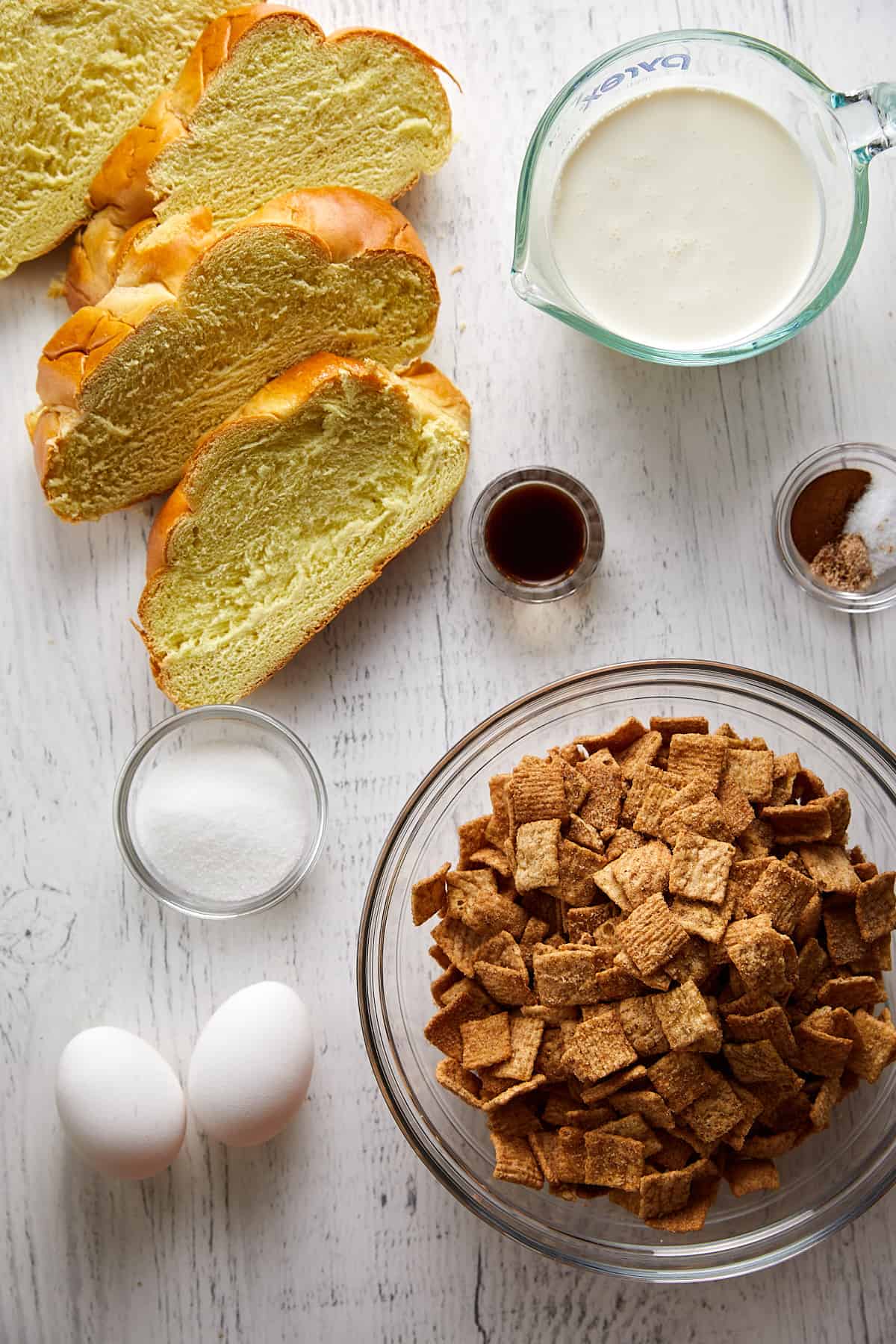 Overhead view cinnamon toast crunch ingredients.