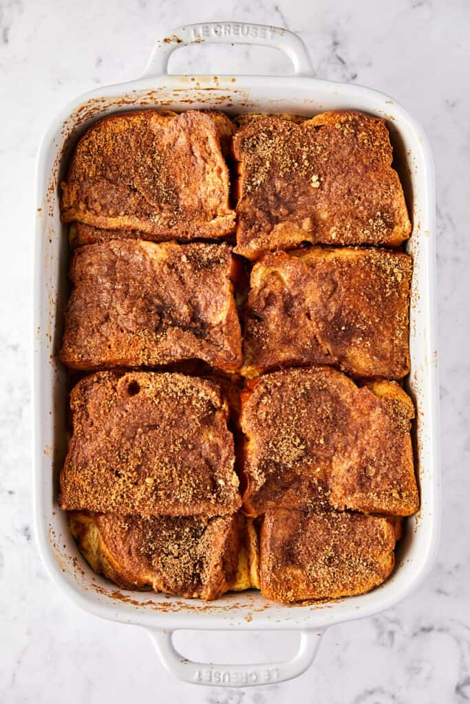 Overhead view of baked french toast casserole.