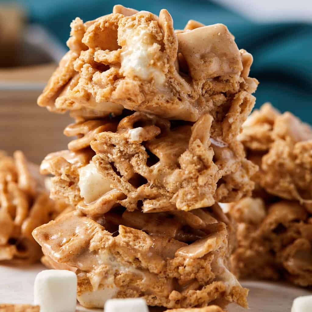 close up view of stack of cinnamon toast crunch treats.