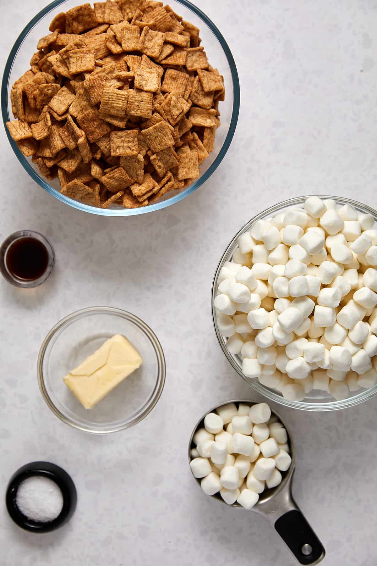 Overhead view of cinnamon toast crunch marshmallow treats ingredients.