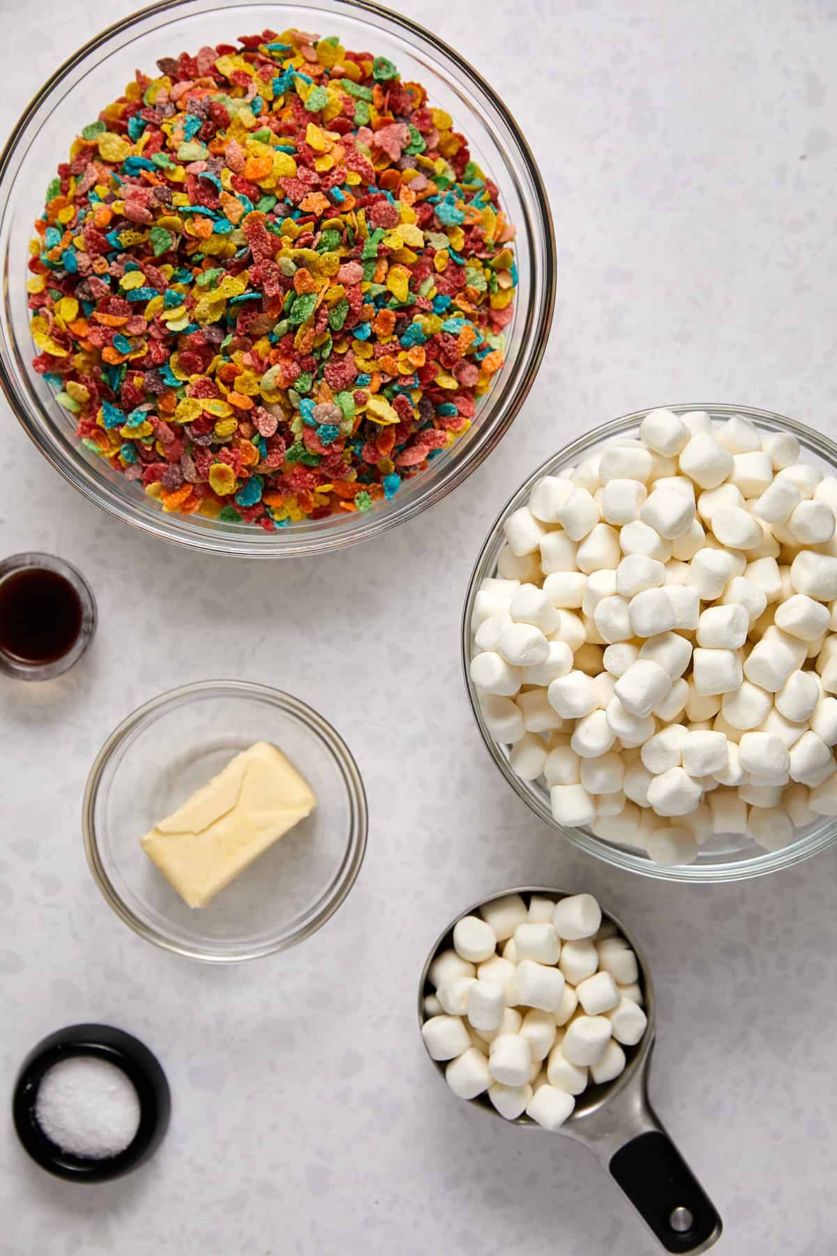 Overhead view of Fruity Pebbles marshmallow treats ingredients. 