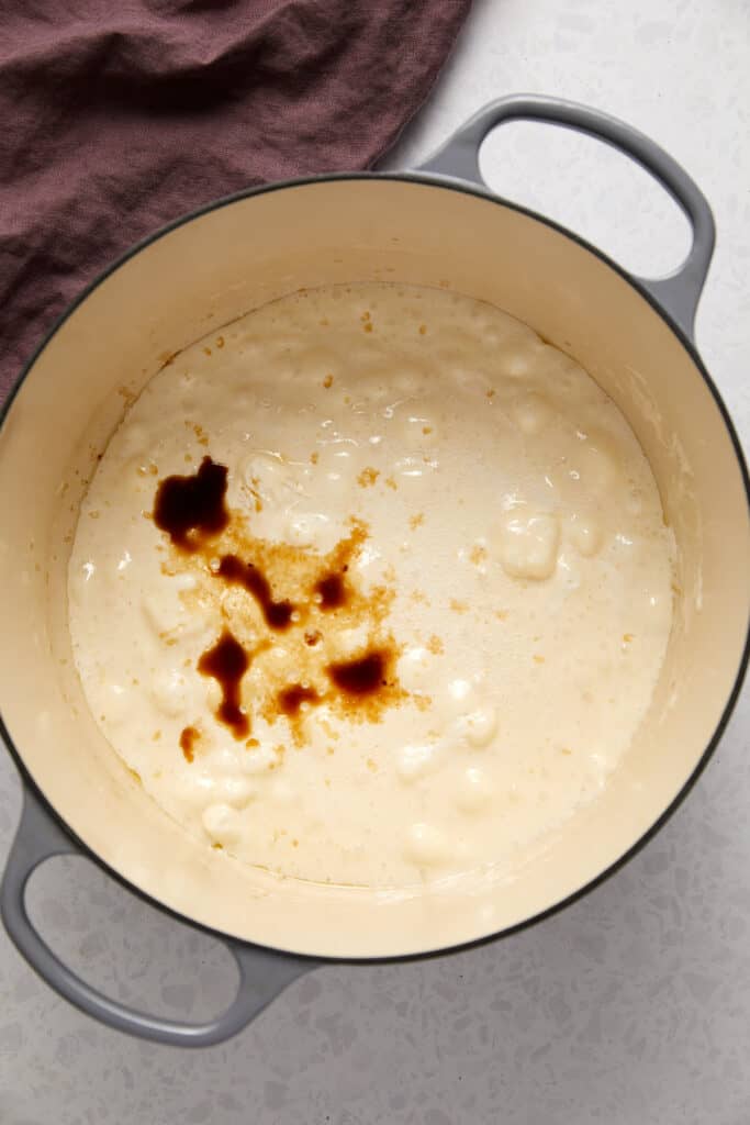 Overhead view of melted marshmallows with vanilla and salt.