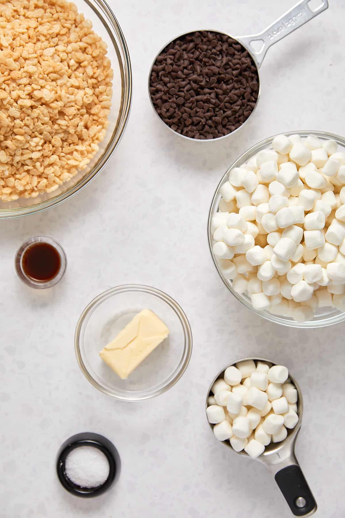 Overhead view of chocolate chip rice krispie treats ingredients. 