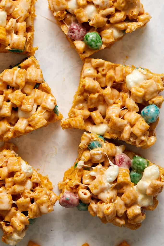 Overhead view of Close-up view of Captain Crunch cereal treats cut into bars.