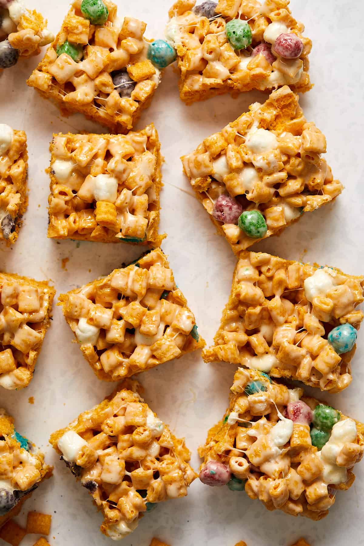 Overhead view of Captain Crunch cereal treats cut into bars.