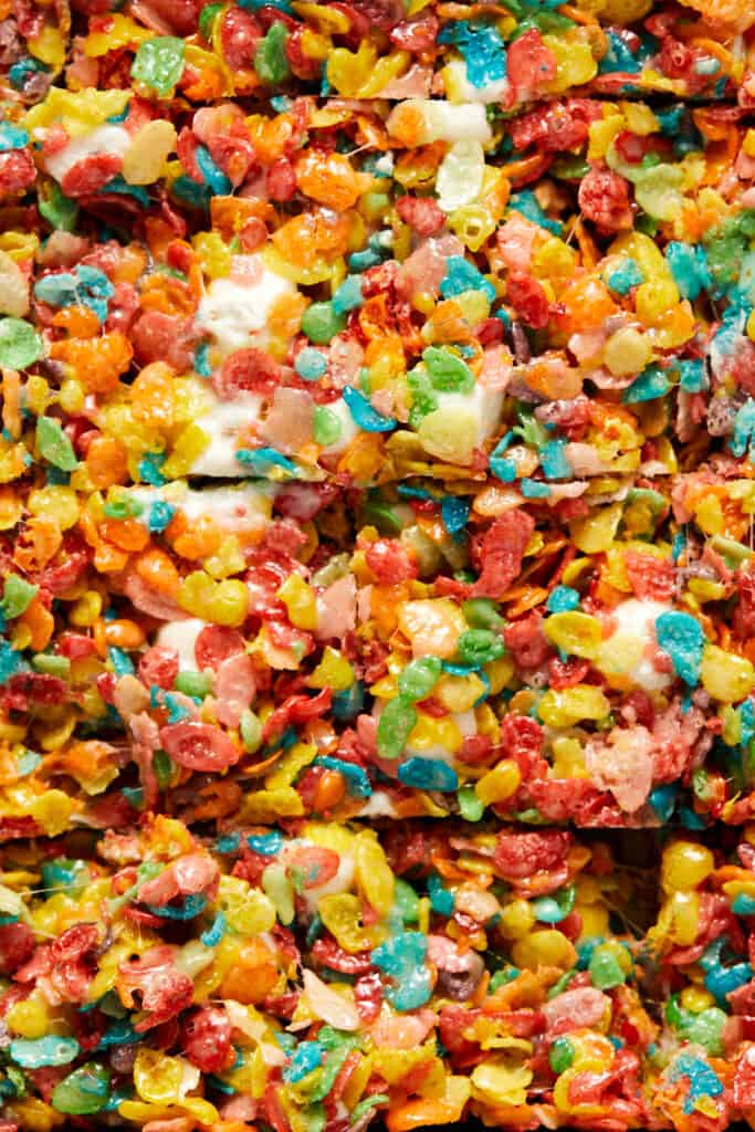 Overhead close up view of Fruity Pebbles marshmallow treats.