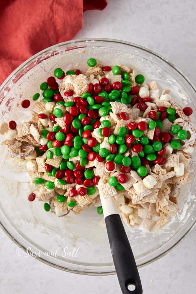 M&M's on top of white Chocolate Chex mix.
