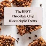 Overhead view of Chocolate Chip Rice Krispie treats cut into square pieces.