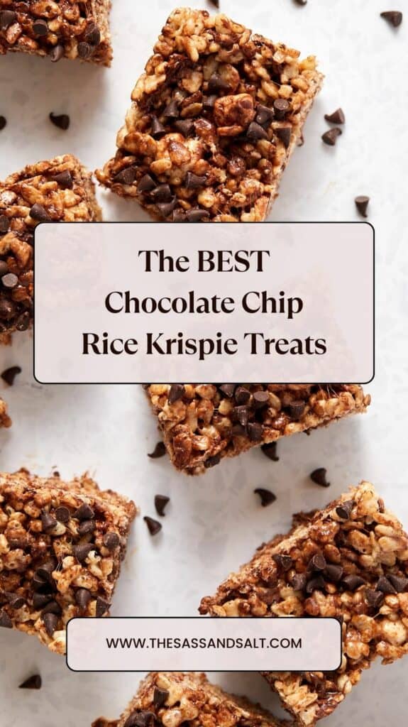 Overhead view of Chocolate Chip Rice Krispie treats cut into square pieces.