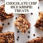 Overhead view of Chocolate Chip Rice Krispie treats cut into square pieces.