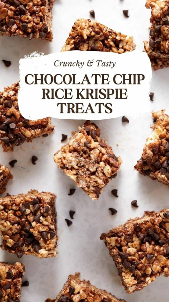 Overhead view of Chocolate Chip Rice Krispie treats cut into square pieces.