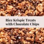 Overhead view of Chocolate chip Rice Krispie treats cut in a square pan.
