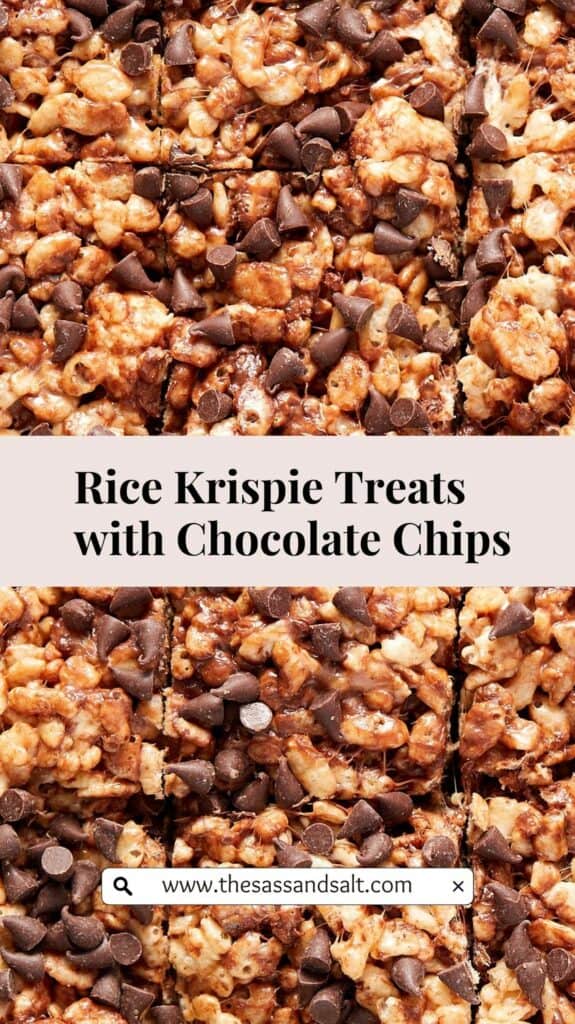 Overhead view of Chocolate chip Rice Krispie treats cut in a square pan.