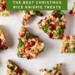 Overhead view of Christmas Rice Krispie treats cut into shapes.
