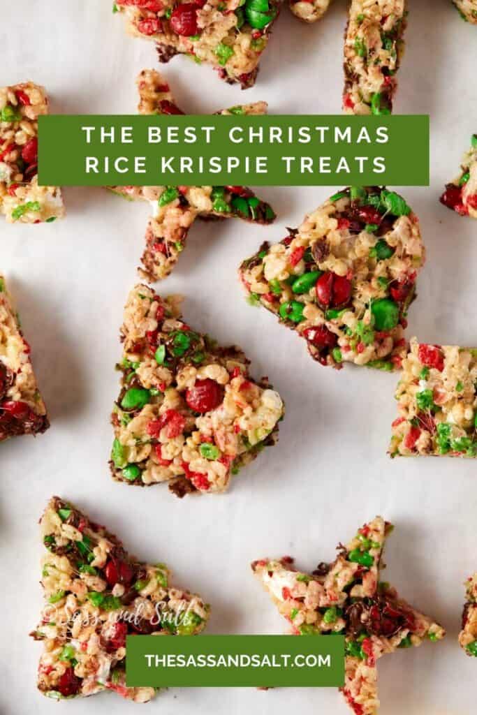 Overhead view of Christmas Rice Krispie treats cut into shapes.