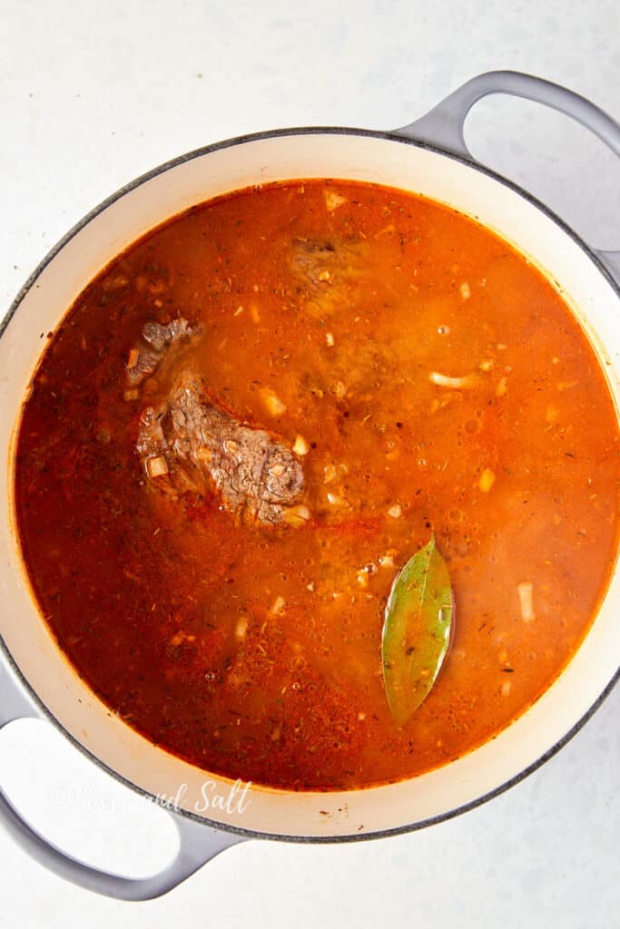 This image is an overhead view of a creamy-colored Dutch oven containing a rich, simmering beef stew. Visible is a chunk of browned chuck roast partially submerged in a vibrant, reddish-brown broth. A bay leaf floats on the surface, signaling the infusion of herbs into the dish. The stew looks well-combined, hinting at a melding of flavors from the various ingredients. The pot rests on a light, speckled surface, and the image bears the watermark "Sass and Salt," indicating a focus on flavorful, home-cooked meals.