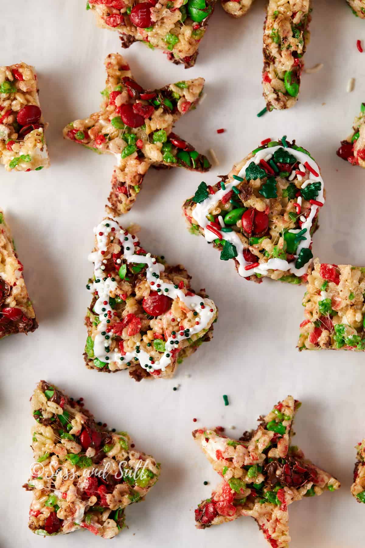 Overhead view of Christmas Rice Krispie shaped into Christmas cut outs.