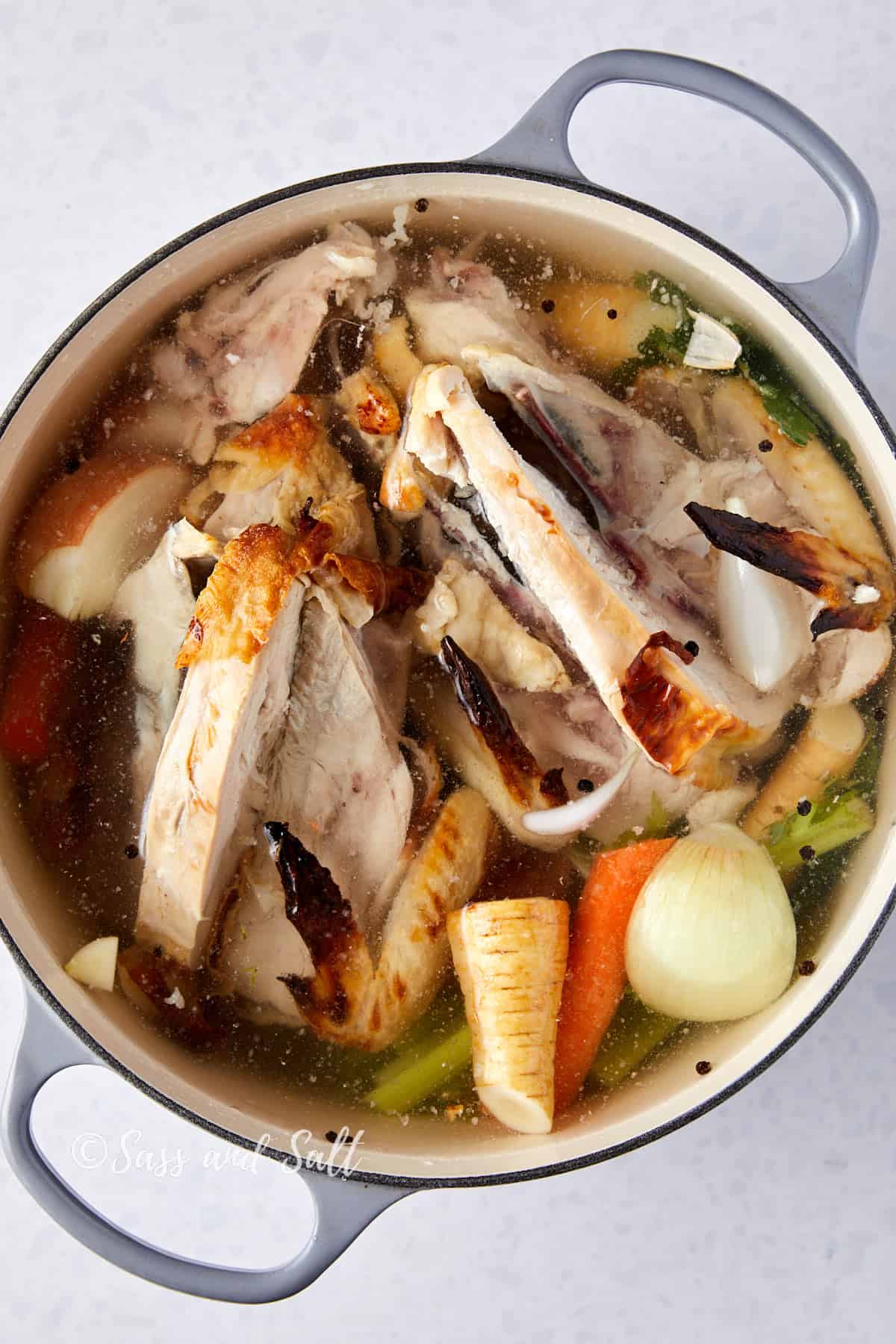 Overhead view of a pot containing a chicken carcass, carrots, onions, and celery submerged in water, the beginnings of a chicken bone broth. The pot is on a light surface, and the text "Sass and Salt" is subtly overlaid at