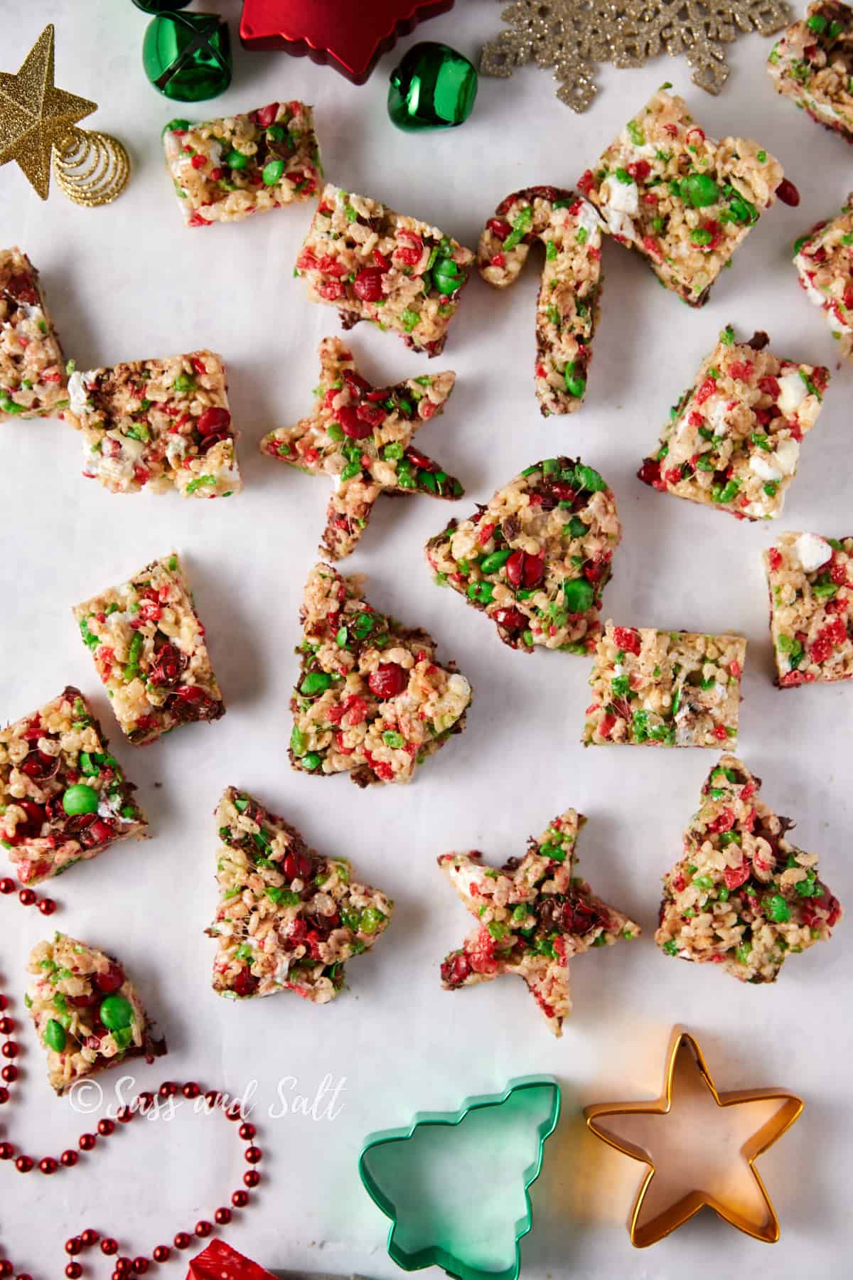 Overhead view of Christmas Rice Krispie treats cut into shapes.