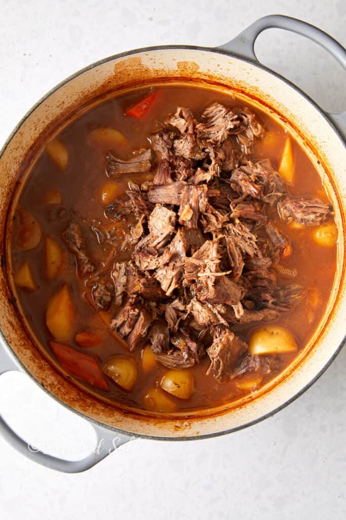 The image displays a creamy-colored Dutch oven filled with a hearty stew. In the center, shredded beef that has been pulled apart into tender strands is piled atop a savory broth. Surrounding the beef are pieces of carrots and potatoes that have been cooked in the stew, absorbing the rich flavors. The pot shows caramelization around the edges, indicative of the long, slow cooking process that has taken place. The watermark "Sass and Salt" is included, suggesting culinary branding.





