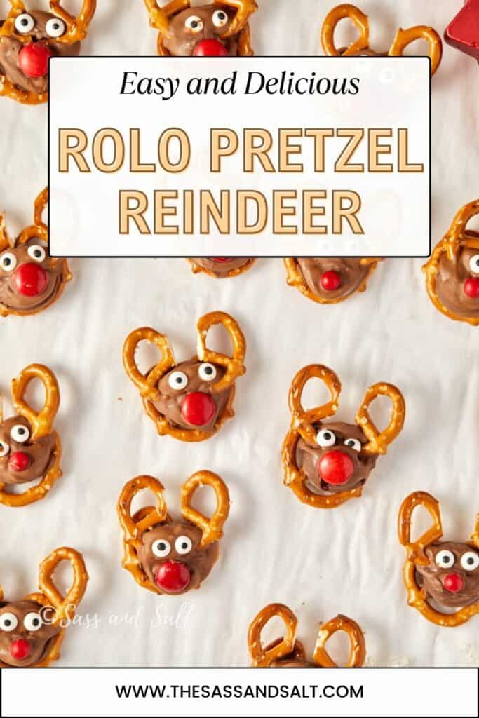 Overhead view of homemade Rolo pretzel reindeer treats with antlers, eyes, and red noses.