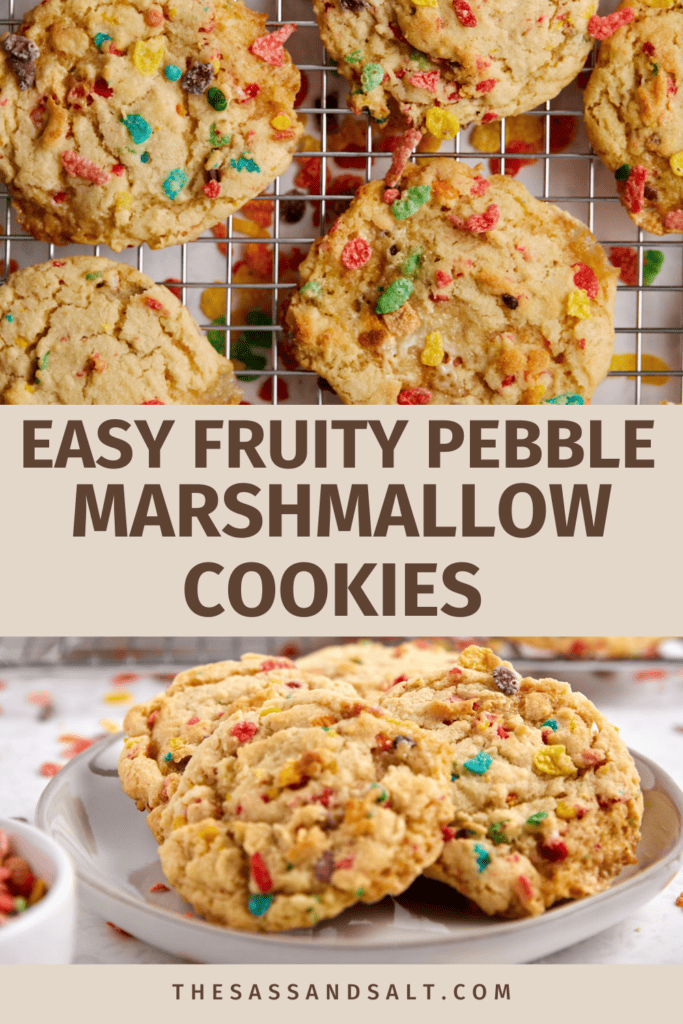 The image is a promotional graphic for a blog post featuring a recipe for Easy Fruity Pebble Marshmallow Cookies. At the top half of the image, freshly baked cookies, speckled with colorful Fruity Pebbles, are cooling on a wire rack, indicating they have just come out of the oven. The bottom half shows a plate with a stack of these tempting cookies, ready to be enjoyed. The text over the image is prominently displayed in a clear and elegant font, inviting viewers to visit thesassandsalt.com for the full recipe.