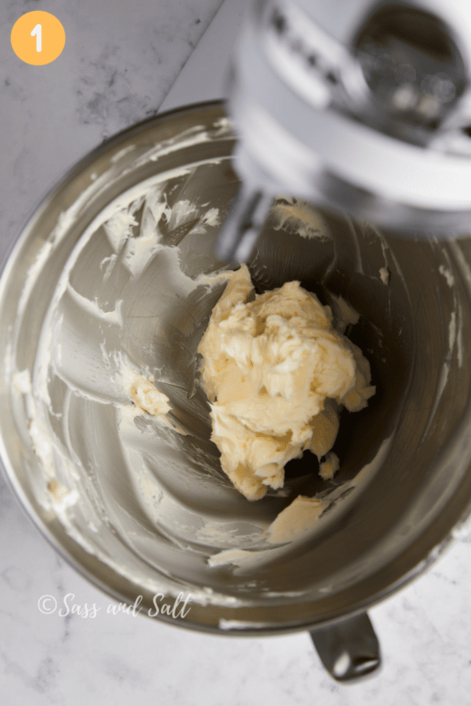 Whipped butter in mixer bowl.