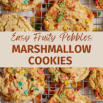 The image features a graphic design intended as a digital pin or blog post header, showcasing freshly baked Fruity Pebble Marshmallow Cookies. The cookies, studded with bright, colorful bits of Fruity Pebbles cereal, are displayed on a wire cooling rack, suggesting they have just come out of the oven. The text overlay, in a friendly and inviting script font, reads "Easy Fruity Pebbles Marshmallow cookies.
