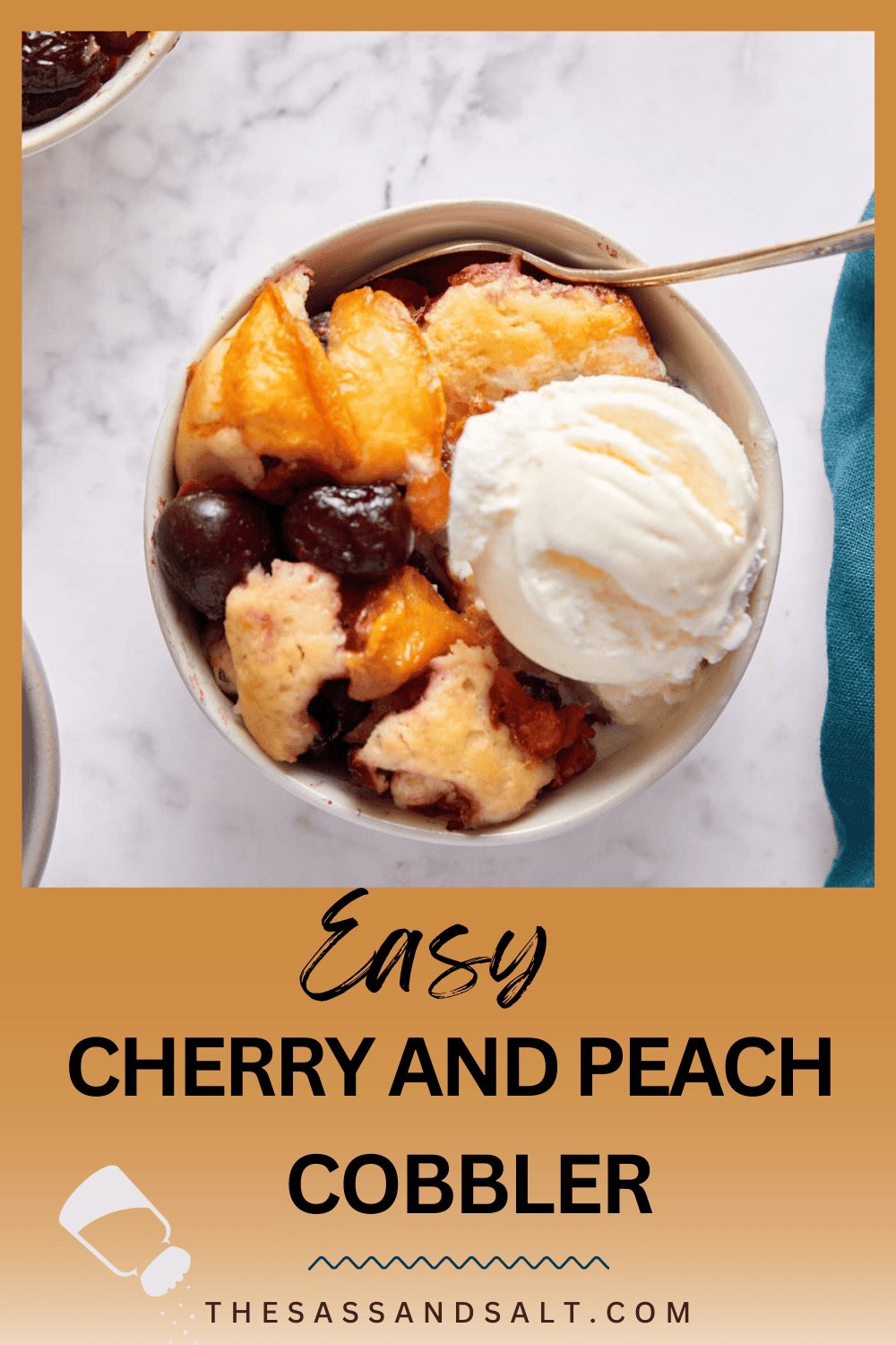 A bowl of cherry and peach cobbler topped with a scoop of vanilla ice cream, with "easy cherry and peach cobbler" text and a website url at the bottom.