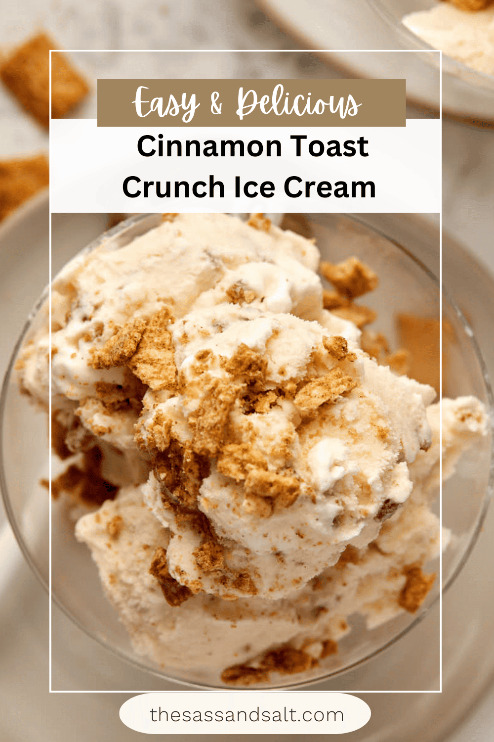 A bowl of creamy ice cream mixed with crunchy cinnamon toast cereal pieces. The image features text that reads "Easy & Delicious Cinnamon Toast Crunch Ice Cream" and "thesassandsalt.com" at the bottom.